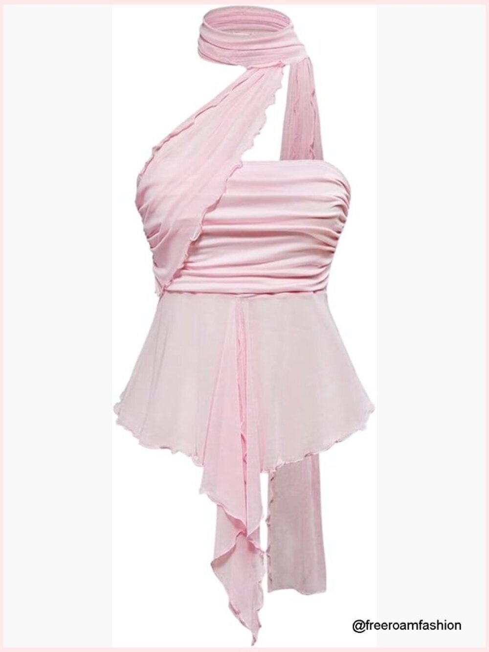 Sheer Ruffle Trim Halter Crop Top Asymmetrical Hem Ruched Sleeveless Y2K Party